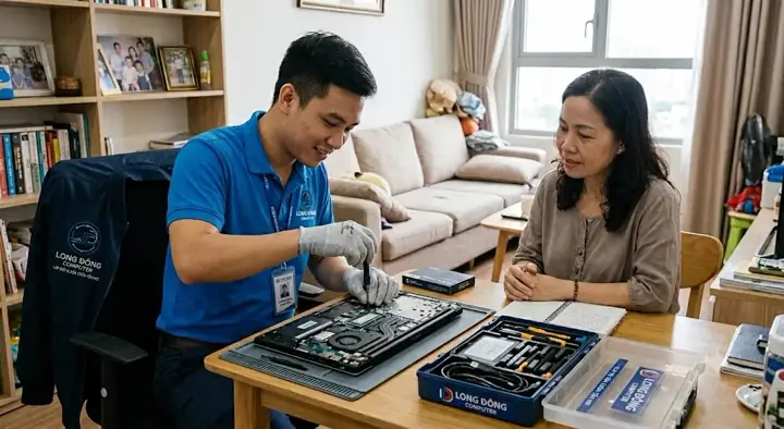 Kỹ thuật viên Long Đông Computer sửa máy tính tận nơi cho khách hàng